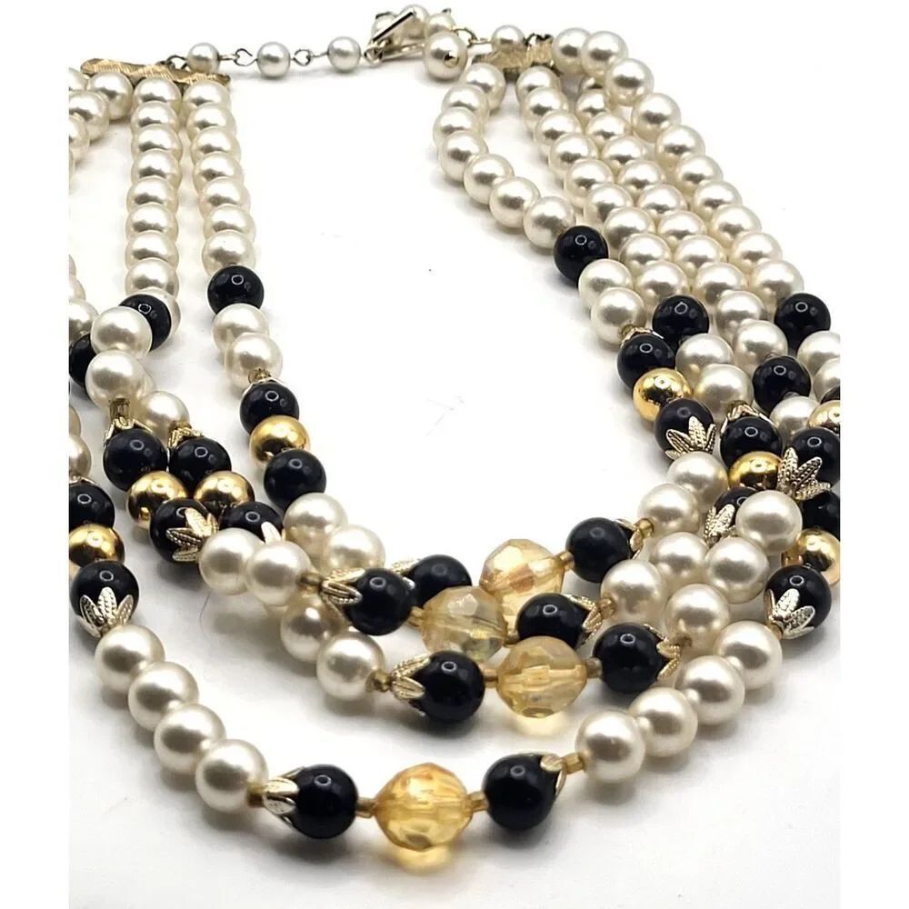 Vintage Triple Strand Black Immitation Pearl Necklace Signed Japan 17in